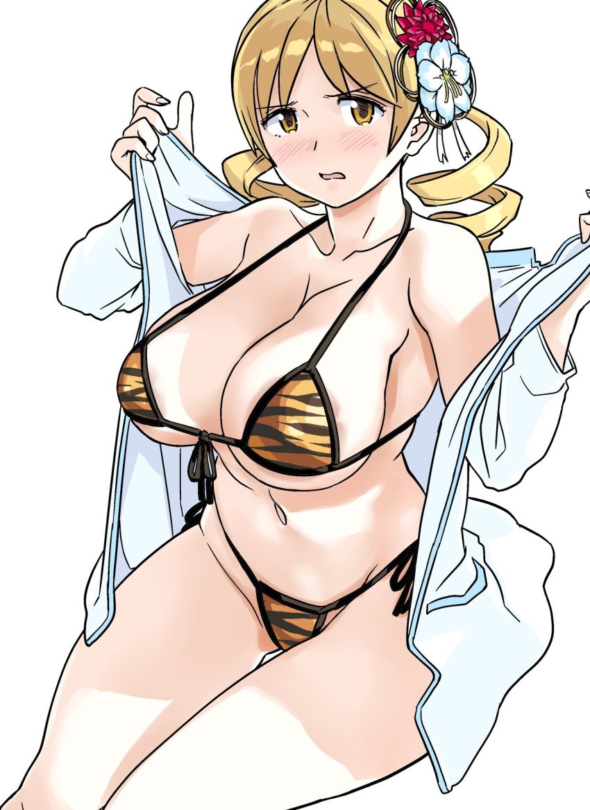 1girl animal_print bikini blonde_hair breasts cleavage collarbone commentary_request cowboy_shot drill_hair flower fuwa_daisuke hair_flower hair_ornament highres huge_breasts jacket looking_at_viewer mahou_shoujo_madoka_magica mahou_shoujo_madoka_magica_(anime) open_clothes open_jacket side-tie_bikini_bottom simple_background sitting solo swimsuit tiger_print tomoe_mami twin_drills white_background white_jacket yellow_eyes