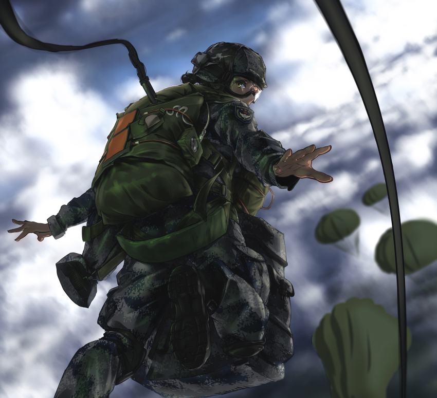 1girl assault_rifle boots camouflage digital_camouflage goggles gun helmet highres jumping looking_at_viewer military military_uniform original parachute paratrooper people&#039;s_liberation_army rifle short_ponytail sky skydive soldier tanto_(tc1995) weapon