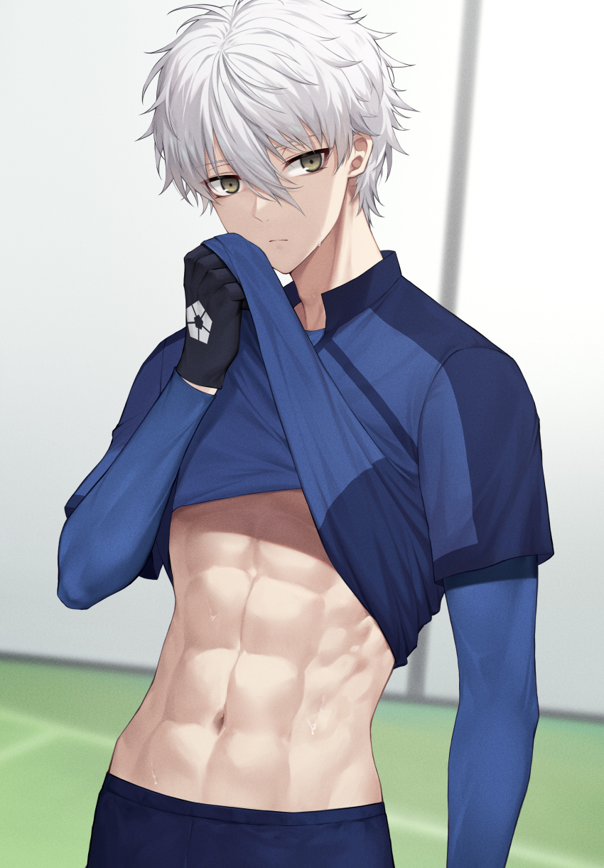 1boy abs absurdres black_gloves blue_lock blue_shirt blue_shorts blue_sleeves closed_mouth clothes_lift gloves grey_hair hair_between_eyes highres long_sleeves looking_at_viewer male_focus muscular muscular_male nagi_seishirou nasaniliu navel open_clothes open_shirt shirt shirt_lift short_hair short_sleeves shorts soccer_uniform solo sportswear stomach white_hair yellow_eyes