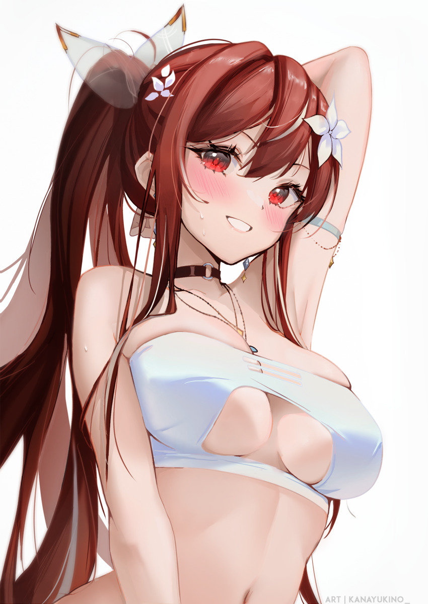 1girl arm_behind_head arm_strap arm_up armpits bandeau bare_shoulders black_choker breasts brown_hair choker clothing_cutout commission crop_top earrings flower grin hair_flower hair_ornament highres indie_virtual_youtuber jewelry kana_yukino lilya_kyomi_(fiwivt) long_hair looking_at_viewer medium_breasts midriff multicolored_hair navel necklace no_jacket ponytail red_eyes sidelocks skindentation smile solo stomach strapless streaked_hair sweat tube_top underboob underboob_cutout upper_body very_long_hair virtual_youtuber white_bandeau