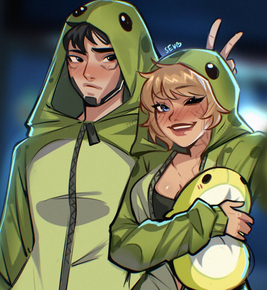 1boy 1girl apex_legends black_camisole black_hair blonde_hair blue_eyes blush breasts bunny_ears_prank camisole cleavage commentary cosplay crypto_(apex_legends) english_commentary facial_scar green_hoodie highres holding holding_stuffed_toy hood hood_up hoodie long_sleeves medium_breasts nessie_(respawn) nessie_(respawn)_(cosplay) one_eye_closed onesie open_mouth scar scar_on_cheek scar_on_face sevpha short_hair sleeves_past_wrists smile stuffed_toy wattson_(apex_legends)