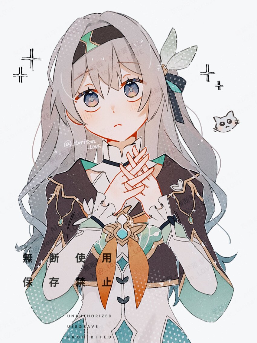 collared_dress commentary_request cropped_jacket dress firefly_(honkai:_star_rail) grey_hair hair_between_eyes hair_ornament hair_ribbon hairband highres honkai:_star_rail honkai_(series) long_hair long_sleeves neckerchief orange_neckerchief ribbon star_(symbol) torisan_love two-tone_eyes