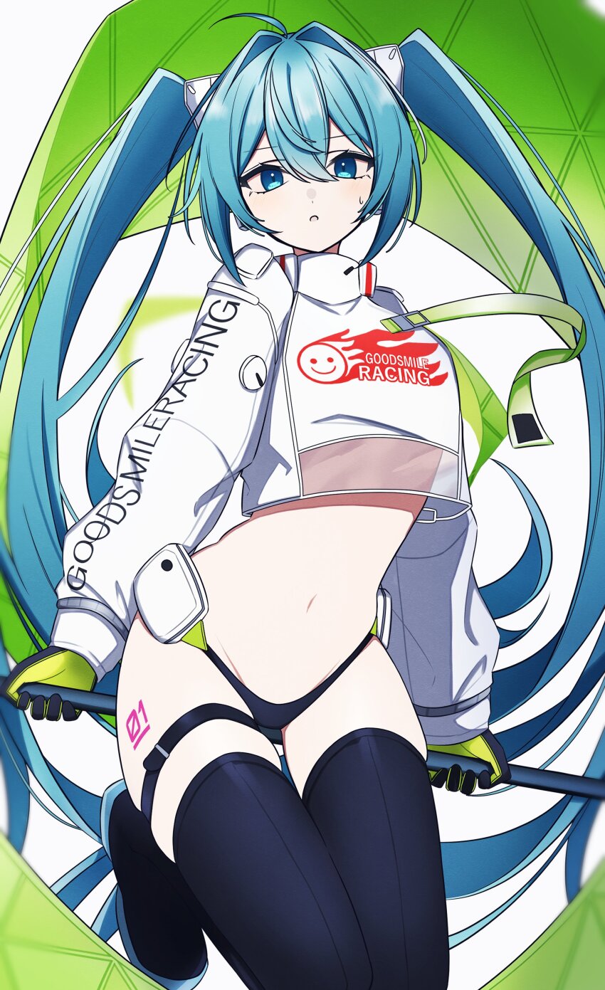 1girl absurdres belt black_gloves black_panties black_thighhighs blue_eyes blue_hair commentary gloves goodsmile_racing green_gloves groin hair_intakes hatsune_miku highres light_blush long_hair long_sleeves looking_at_viewer nanashnojo navel official_alternate_costume panties parted_lips race_queen racing_miku racing_miku_(2022) shrug_(clothing) solo stomach sweatdrop thigh_belt thigh_strap thighhighs twintails two-tone_gloves underwear vocaloid white_shrug