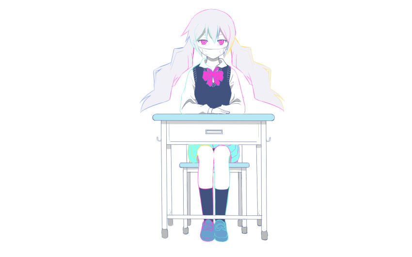 1girl alternate_costume blue_hair chair desk eraser hatsune_miku highres light_blue_hair long_hair looking_at_viewer low_twintails mask mouth_mask pink_eyes pinocchio-p school_desk school_uniform sick_sick_sick_(vocaloid) skirt solo twintails very_long_hair vocaloid