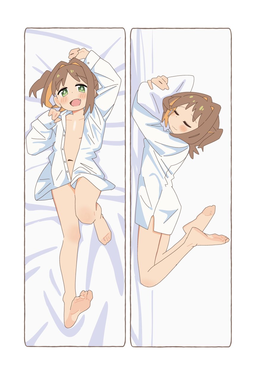 1girl absurdres barefoot blush bottomless brown_hair closed_eyes collared_shirt colored_inner_hair commentary_request dakimakura_(medium) fang feet foot_focus green_eyes hair_intakes highres huge7531 hugging_object long_sleeves looking_at_viewer lying medium_hair multicolored_hair multiple_views oka_asahi on_back on_stomach onii-chan_wa_oshimai! open_clothes open_shirt orange_hair shirt smile soles the_pose toes white_shirt