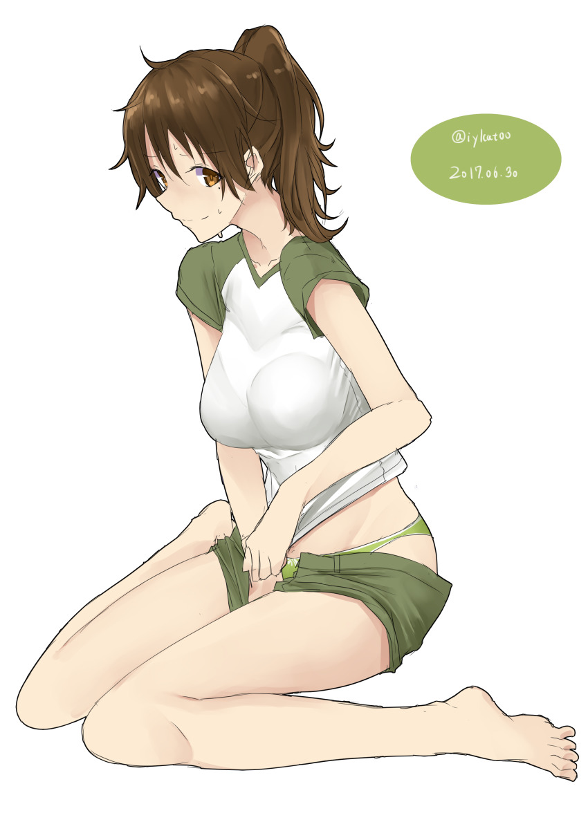 1girl absurdres barefoot breasts brown_eyes brown_hair commentary_request covered_collarbone covering_privates dated girls_und_panzer girls_und_panzer_little_army green_panties green_shorts green_sleeves highres irukatto large_breasts panties ponytail shirt short_shorts short_sleeves shorts sweat sweatdrop tight_clothes tight_shirt twitter_username underwear white_shirt yusa_chihiro