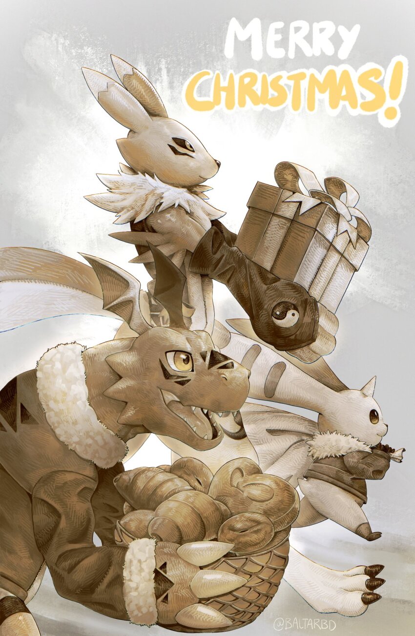 baltarbd basket body_fur box bread digimon digimon_(creature) digimon_tamers dinosaur food fur-trimmed_jacket fur_trim gift gift_box guilmon highres holding holding_basket holding_gift horns jacket kitsune limited_palette merry_christmas renamon single_horn terriermon