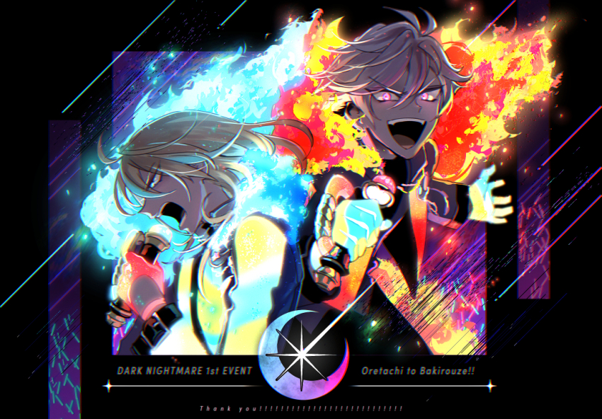 2boys :d backlighting black_jacket blonde_hair blue_fire blue_hair commentary_request fire gloves glowing glowing_clothes glowing_eyes hair_between_eyes hand_up holding holding_microphone idol_land_pripara jacket long_hair long_sleeves looking_at_viewer male_focus microphone multicolored_hair multiple_boys music ooedo_shinya open_mouth oshiri_(o4ritarou) pink_hair pretty_series pripara profile short_hair singing smile sparkle streaked_hair upper_body ushimitsu_(pripara) v-shaped_eyebrows white_hair