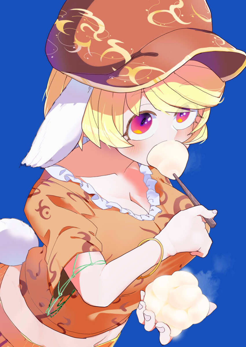 1girl animal_ears blonde_hair breasts brown_hat cleavage collarbone commentary_request eating flat_cap food fufuyomumusu hat highres large_breasts midriff_peek orange_shirt rabbit_ears rabbit_girl rabbit_tail red_eyes ringo_(touhou) shirt short_sleeves solo tail touhou wagashi yellow_shirt