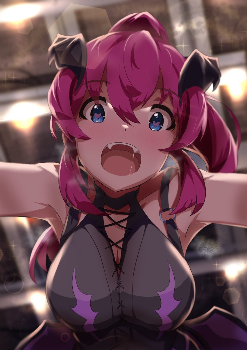 1girl alternate_hair_color bat_wings blue_eyes breasts cleavage fangs hair_between_eyes head_wings heart heart_in_eye highres idolmaster idolmaster_million_live! idolmaster_million_live!_theater_days indoors large_breasts looking_at_viewer open_mouth ponytail pov purple_hair saliva sanami_(sanami_t_38) satake_minako solo symbol_in_eye upper_body wings