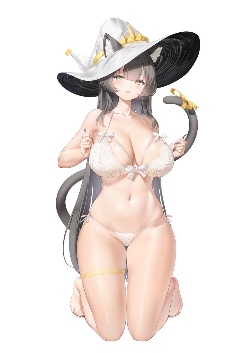 1girl absurdres animal_ears bare_arms bare_legs bare_shoulders barefoot black_hair bra breasts cat_ears cat_girl cat_tail cleavage collarbone commission ears_through_headwear fingernails front-tie_bra front-tie_top hat highres jewelry keibeam kneeling large_breasts lingerie long_hair looking_at_viewer nail_polish navel open_mouth original panties ribbon sharp_fingernails side-tie_panties skindentation smile solo stomach string_bra string_panties tail tail_ornament tail_ribbon thighlet thighs toenail_polish toenails underwear underwear_only very_long_hair white_bra white_hat white_panties witch_hat yellow_eyes