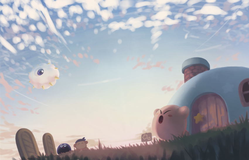 bandana bandana_waddle_dee blue_bandana blue_eyes blue_sky blush_stickers closed_eyes cloud colored_skin door field gooey_(kirby) gradient_sky grass highres house kirby kirby_(series) kracko nintendo no_humans no_mouth one-eyed open_mouth orange_skin outdoors pink_skin scenery sign sky slime_(creature) spikes star_(symbol) stretching sunrise suyasuyabi