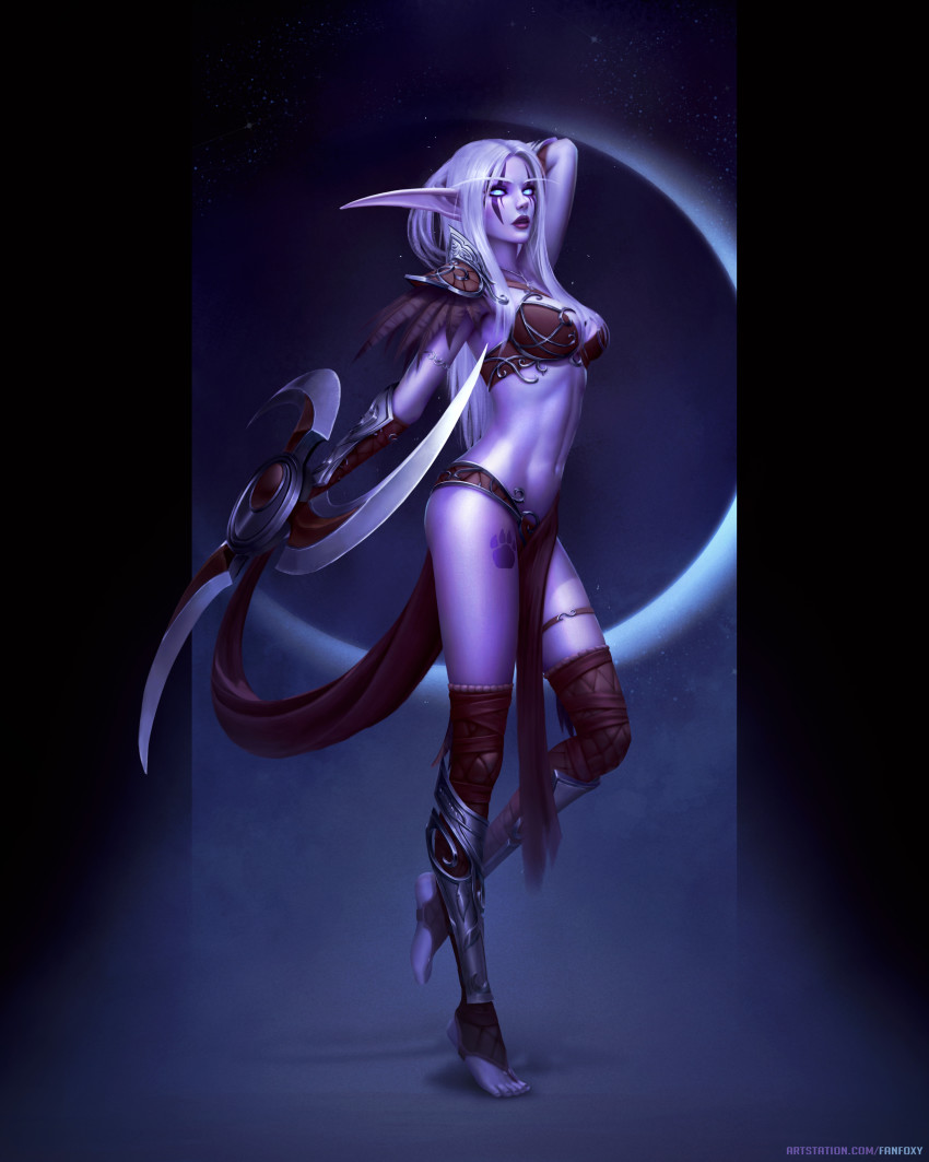 1girl abs absurdres armor artstation_username bra breasts cleavage colored_skin elbow_gloves elf facial_tattoo fanfoxy gloves highres holding holding_weapon kneehighs large_breasts long_hair navel night_elf pointy_ears purple_skin red_bra red_lips red_socks sanuri_(warcraft) shoulder_armor socks stomach tattoo underwear warcraft weapon white_hair world_of_warcraft