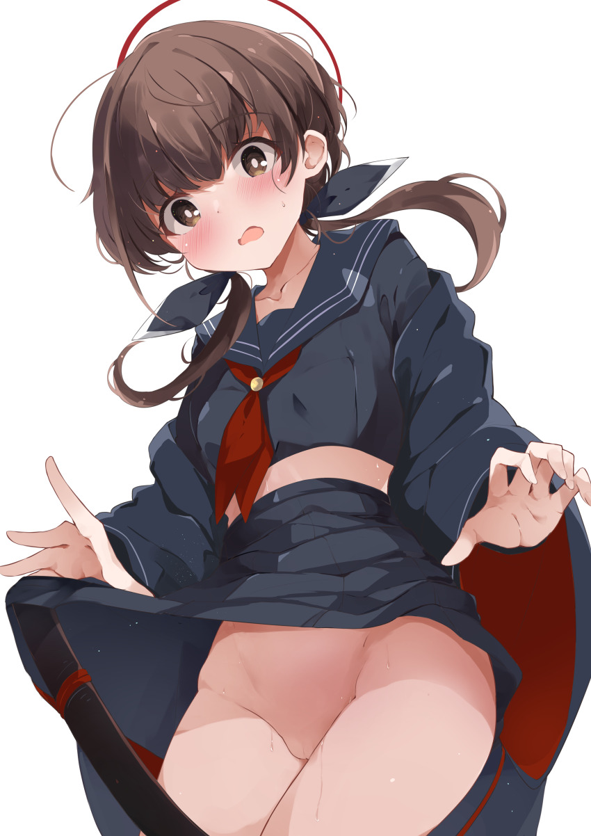 1girl absurdres black_ribbon black_serafuku black_shirt black_skirt blush breasts brown_eyes brown_hair collarbone crop_top from_below groin hair_over_shoulder hair_ribbon highres hinata_yuu_(atelierhinata) long_hair long_sleeves looking_at_viewer low_twintails midriff neckerchief no_panties ohitome_kohane open_clothes open_mouth pleated_skirt project_kv pussy red_neckerchief ribbon school_uniform serafuku shirt skirt small_breasts small_sweatdrop solo sweat twintails wavy_mouth wide_sleeves