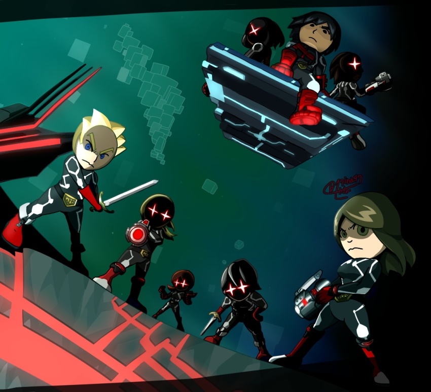 17ina47 2girls 6+boys abstract_background aiming aiming_at_viewer angry arm_cannon army black_hair blonde_hair blue_eyes bodysuit chibi dutch_angle glowing glowing_eyes gun mask mii_(nintendo) mii_brawler mii_gunner mii_swordfighter multiple_boys multiple_girls nintendo red_footwear shaded_face short_hair sword weapon