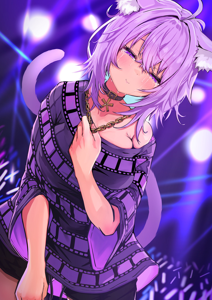 1girl animal_ears bare_shoulders black_shorts blurry blurry_background breasts cat_ears cat_girl cat_tail choker closed_mouth collarbone concert cowboy_shot crying dutch_angle half-closed_eyes highres hololive jewelry kajimakoto large_breasts looking_at_viewer matching_hair/eyes necklace nekomata_okayu off_shoulder oversized_clothes purple_eyes purple_hair purple_shirt shirt short_hair shorts smile solo standing tail tears virtual_youtuber