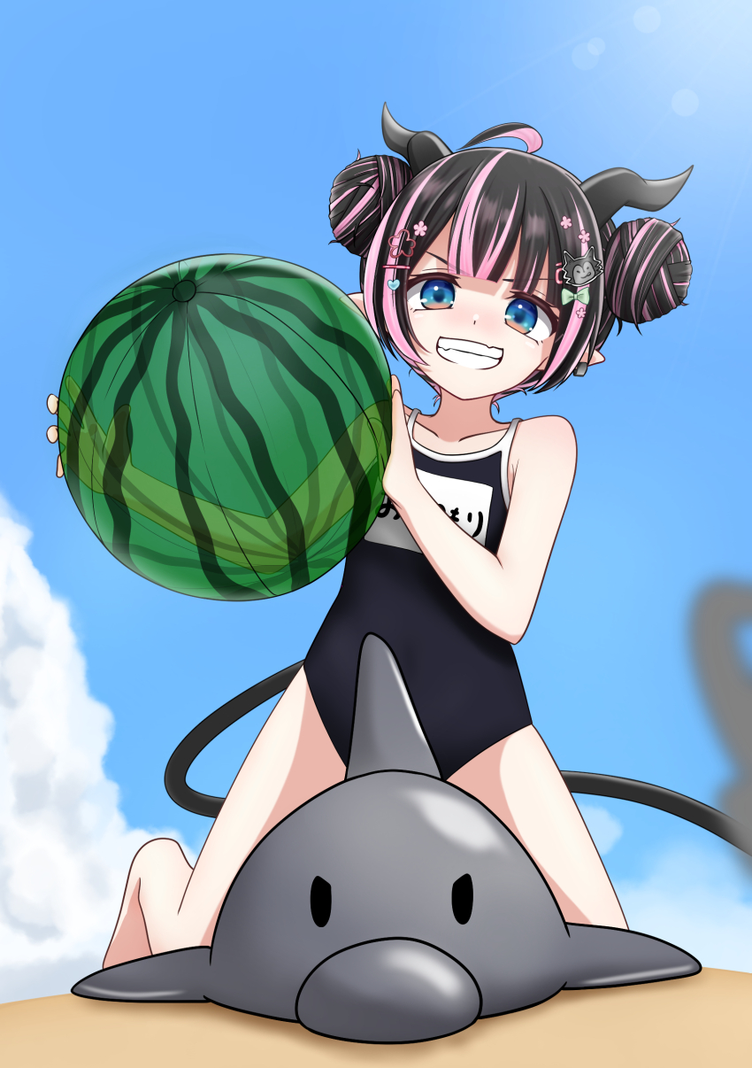 1girl absurdres ahoge alternate_costume alternate_hairstyle ball beachball black_hair black_one-piece_swimsuit blue_eyes blue_sky blurry blurry_background cloud cuore_0624 demon_girl demon_horns double_bun full_body grey_horns grin hair_bun highres holding holding_ball holding_beachball horns inflatable_dolphin inflatable_toy kneeling long_hair looking_at_viewer nanashi_inc. oinomori_may one-piece_swimsuit outdoors pink_hair pointy_ears short_hair sky smile solo swimsuit virtual_youtuber watermelon_beachball