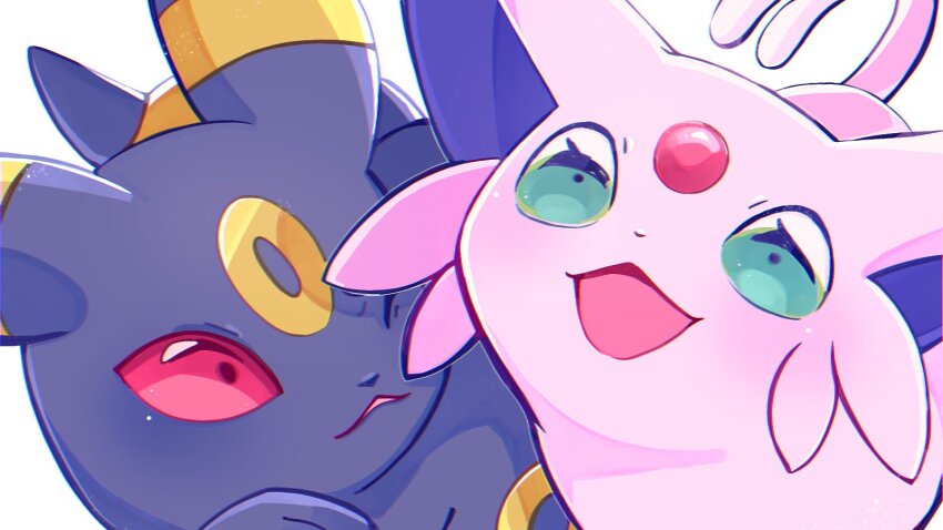 closed_mouth colored_sclera creatures_(company) espeon forehead_jewel game_freak gen_2_pokemon green_eyes highres nintendo no_humans open_mouth pink_hair pokemon pokemon_(creature) red_eyes red_sclera sidelocks smile soramame_0701 umbreon white_background