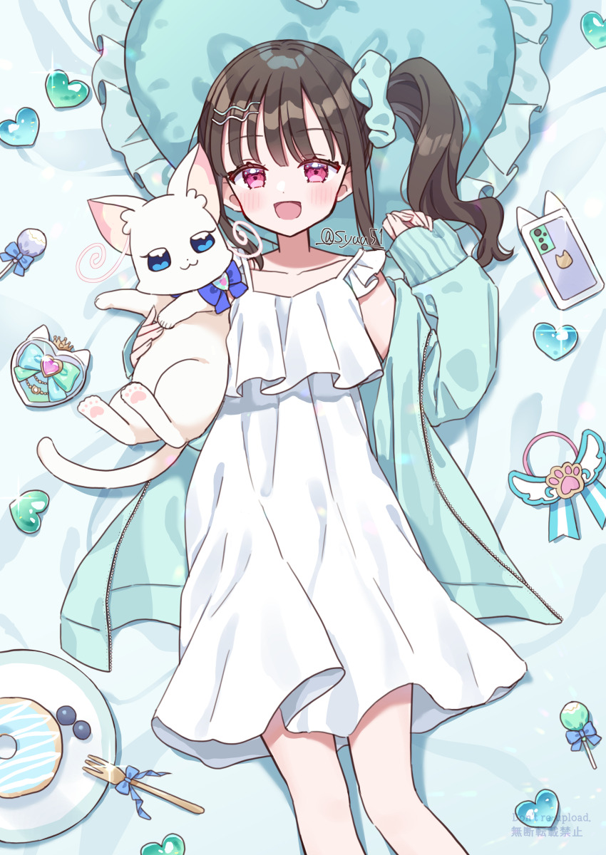 2girls :3 aqua_jacket aqua_scrunchie bed berry blue_bow blue_bowtie blue_eyes blush bowtie brown_hair cat cellphone closed_mouth doughnut dress food fork hair_ornament hairclip hiiragi_syuu jacket long_hair multiple_girls nekoyashiki_mayu nekoyashiki_yuki nekoyashiki_yuki_(cat) on_bed open_mouth phone pillow plate precure red_eyes scrunchie side_ponytail sleeveless sleeveless_dress smartphone smile twitter_username white_dress wonderful_precure!