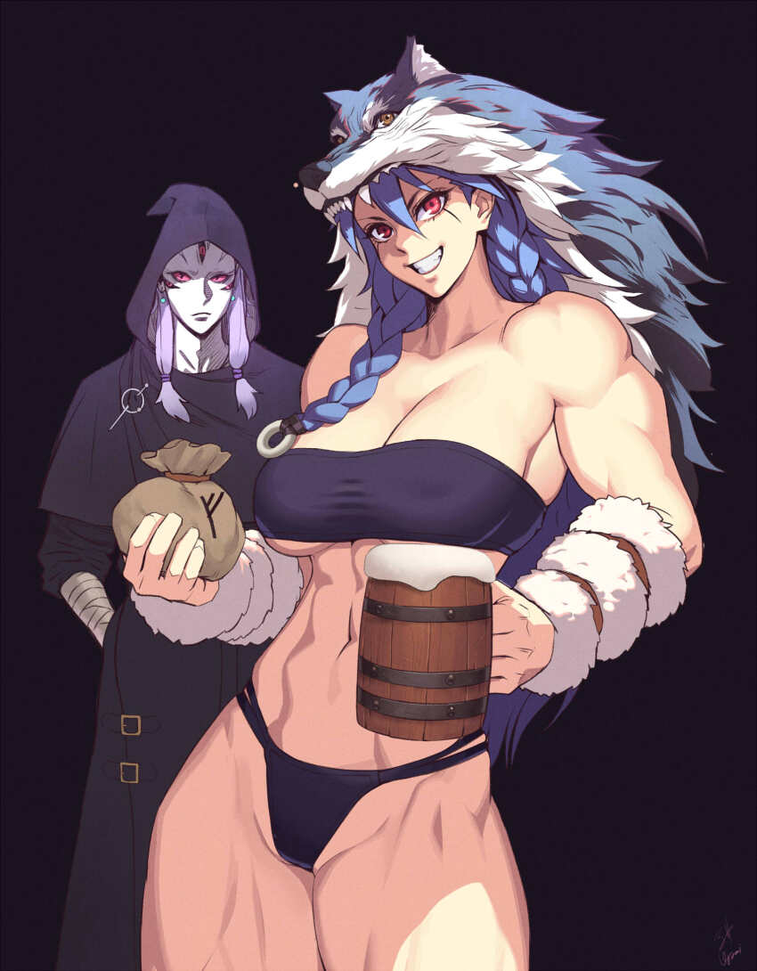 1boy 1girl abs bare_shoulders beer_mug black_background blue_hair braid breasts colored_sclera cup earrings highres hood jewelry large_breasts money_bag mug muscular muscular_female navel ogami original purple_hair red_eyes red_sclera smile teeth wolf_hat wolf_hood