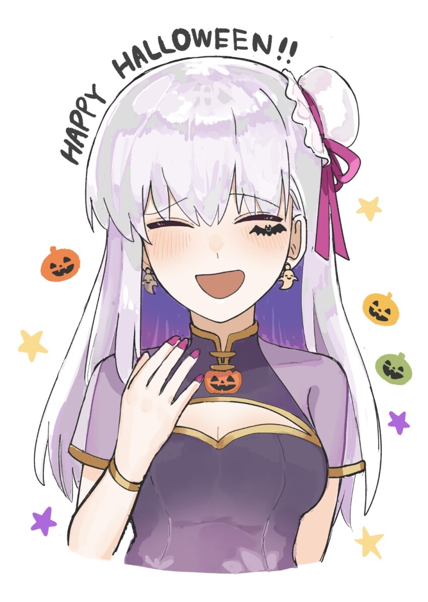 1girl blush bracelet breasts bun_cover cleavage cleavage_cutout closed_eyes clothing_cutout dress earrings fate/grand_order fate_(series) hair_bun hair_ribbon happy_halloween highres jack-o&#039;-lantern jewelry kama_(fate) long_hair medium_breasts nyokinyoki_18 open_mouth pumpkin purple_dress ribbon short_sleeves single_hair_bun smile white_hair