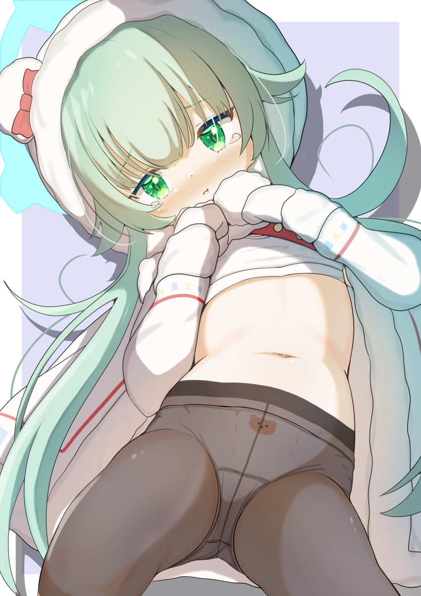 :t absurdres animal_hood bear_hood black_pantyhose blue_archive gloves green_eyes green_hair highres hood hood_up jacket long_hair long_sleeves low_twintails momiji_(blue_archive) navel panties pantyhose ratemaru simple_background stomach tears thighs twintails underwear white_jacket