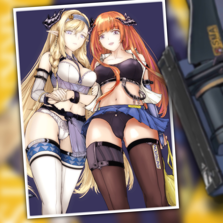 2girls arknights bagpipe_(arknights) bandeau bare_shoulders black_legwear black_panties blonde_hair blue_hairband blue_skirt breasts commentary cowboy_shot hairband highres horns long_hair looking_at_viewer medium_breasts midriff miniskirt multiple_girls navel open_mouth orange_hair panties photo_(object) pleated_skirt purple_eyes saileach_(arknights) skirt standing stomach strapless thighhighs thighs tube_top underwear very_long_hair white_legwear white_panties zarathuta