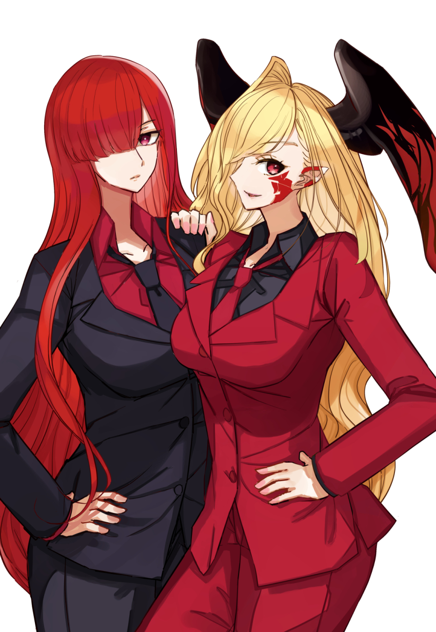 2girls alternate_costume blonde_hair facial_mark fate/grand_order fate_(series) formal_clothes hair_over_one_eye hand_on_own_hip highres horns kozara14 long_hair long_horns multiple_girls necktie nero_claudius_(fate) nero_claudius_(fate)_(all) oda_nobunaga_(fate) oda_nobunaga_(maou_avenger)_(fate) one_eye_covered queen_draco_(fate) red_eyes red_hair red_necktie simple_background suit white_background