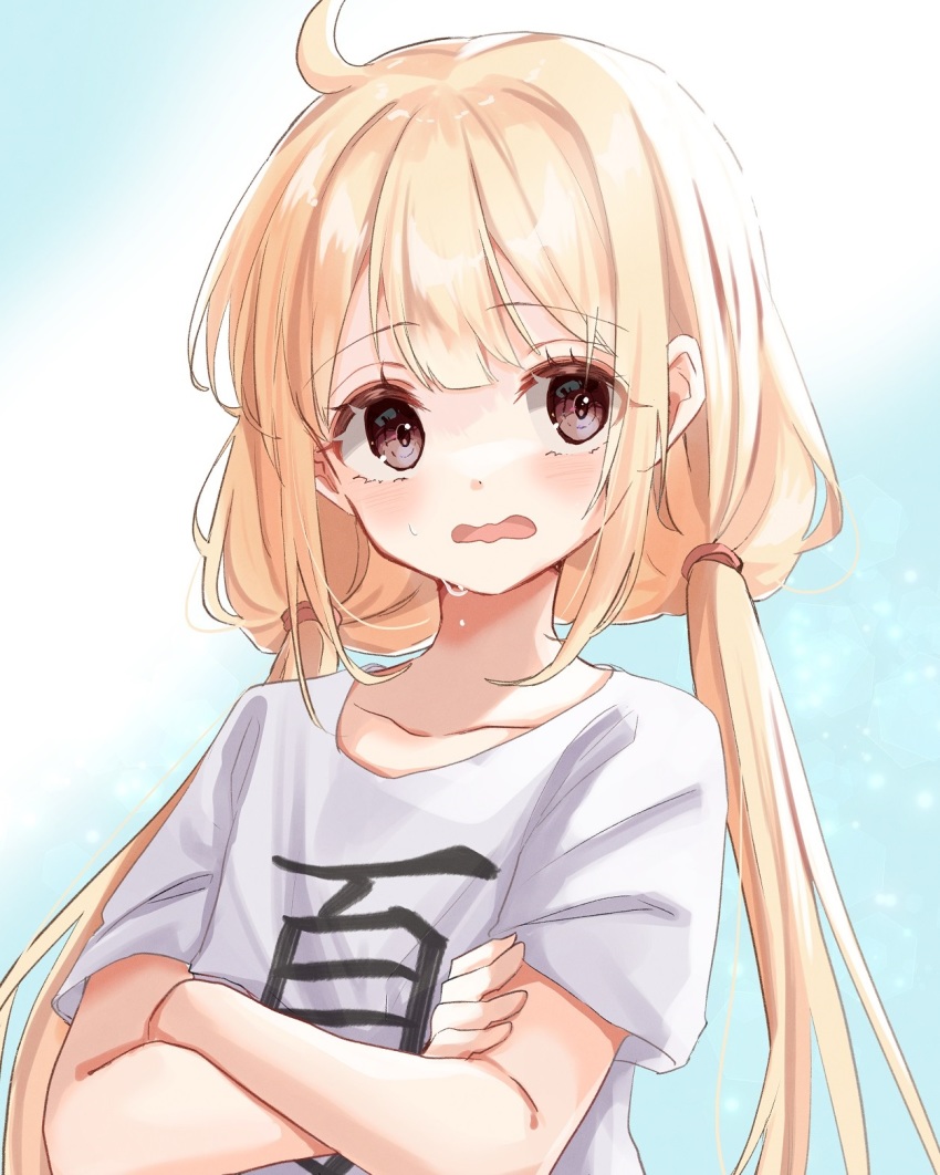 1girl ahoge blonde_hair blush brown_eyes clothes_writing commentary_request crossed_arms futaba_anzu highres idolmaster idolmaster_cinderella_girls long_hair low_twintails open_mouth rino_cnc shirt short_sleeves solo t-shirt twintails upper_body wavy_mouth white_shirt