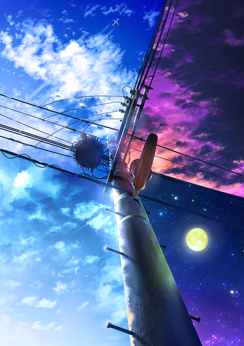 absurdres aircraft airplane blue_sky cloud commentary contrail day evening full_moon highres lamppost moon morning night no_humans original outdoors power_lines purple_sky scenery signature sky sky_focus smile_(qd4nsvik) star_(sky) starry_sky transformer utility_pole