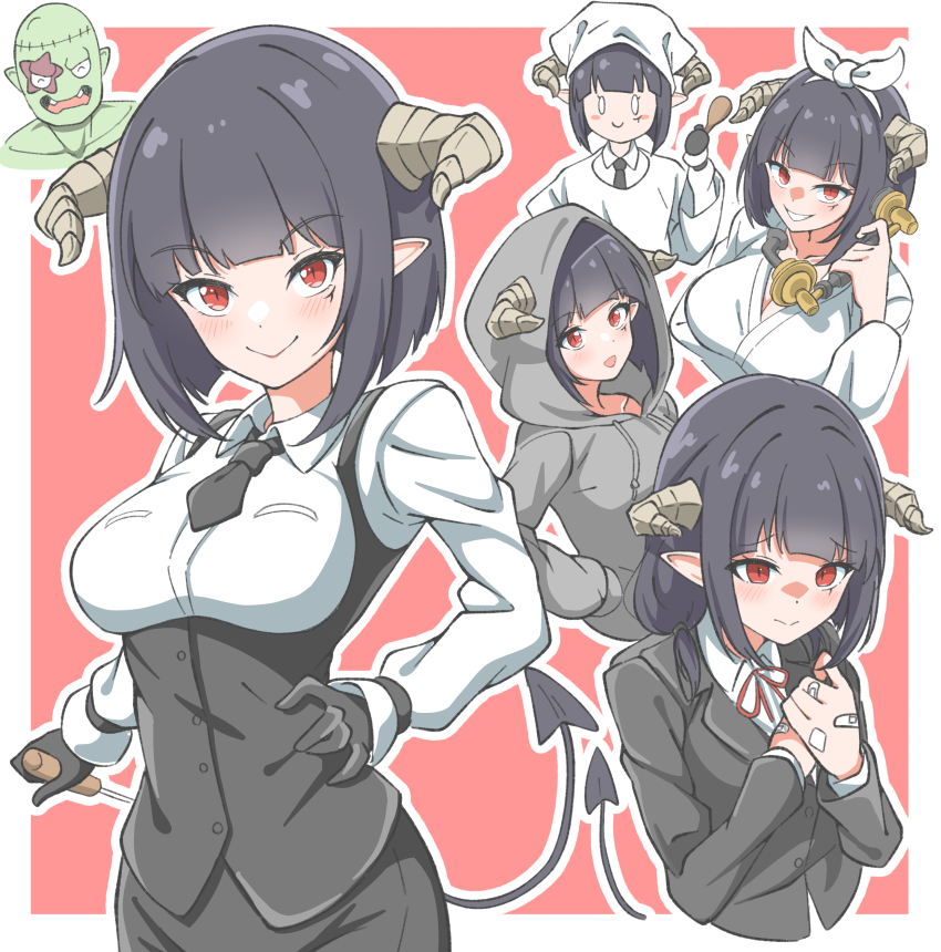 1girl absurdres antique_phone bandaid bandaid_on_hand bathrobe black_hair black_hoodie black_jacket black_necktie black_skirt black_vest blush blush_stickers breasts cleavage closed_mouth cropped_torso demon_girl demon_horns demon_tail eyebrows_hidden_by_hair grin highres hime-sama_&quot;goumon&quot;_no_jikan_desu holding holding_phone holding_spoon hood hoodie horns jacket large_breasts lips looking_at_viewer looking_down medium_breasts multiple_views necktie open_mouth orc phone pointy_ears red_background red_eyes school_uniform shirt short_hair simple_background skirt slit_pupils smile solid_oval_eyes spoon tail thio_lovelive torture_tortura vest white_shirt