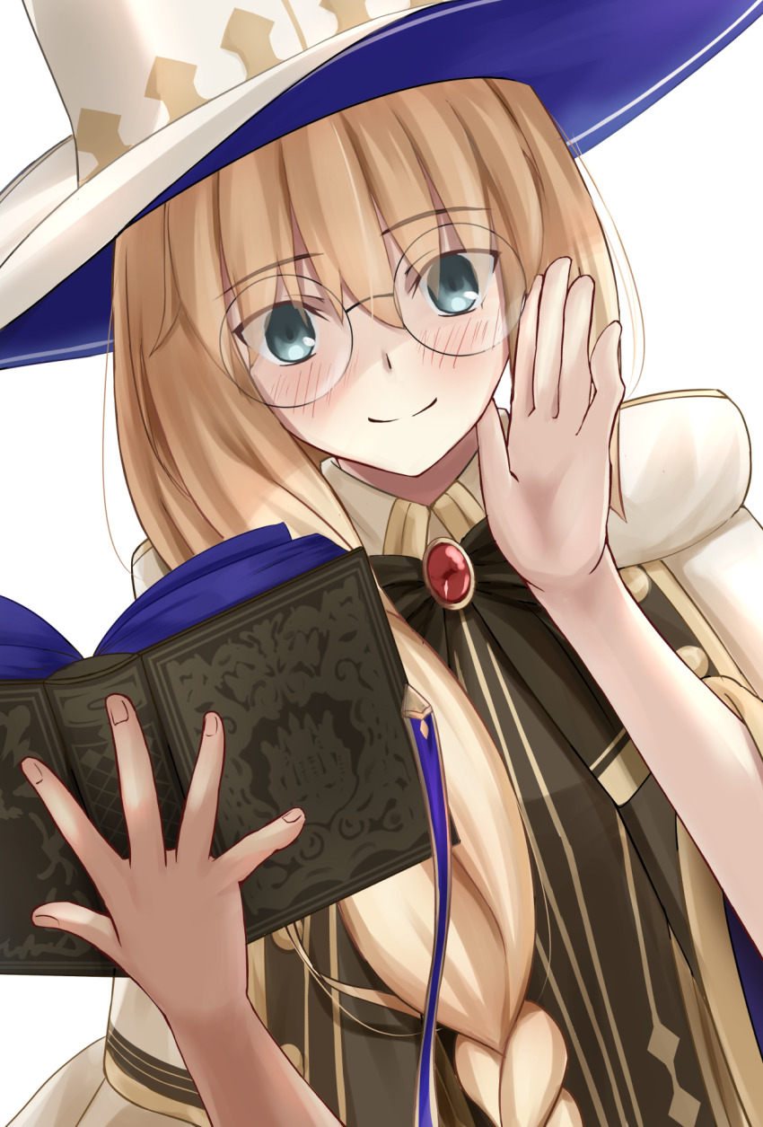 1girl aesc_(fate) aesc_(rain_witch)_(fate) blonde_hair blush book braid brooch fate/grand_order fate_(series) grey_eyes hand_up hat highres holding holding_book jewelry long_hair looking_at_viewer masaruokayama open_book robe round_eyewear single_braid smile solo upper_body white_background white_hair white_robe wide_sleeves witch_hat