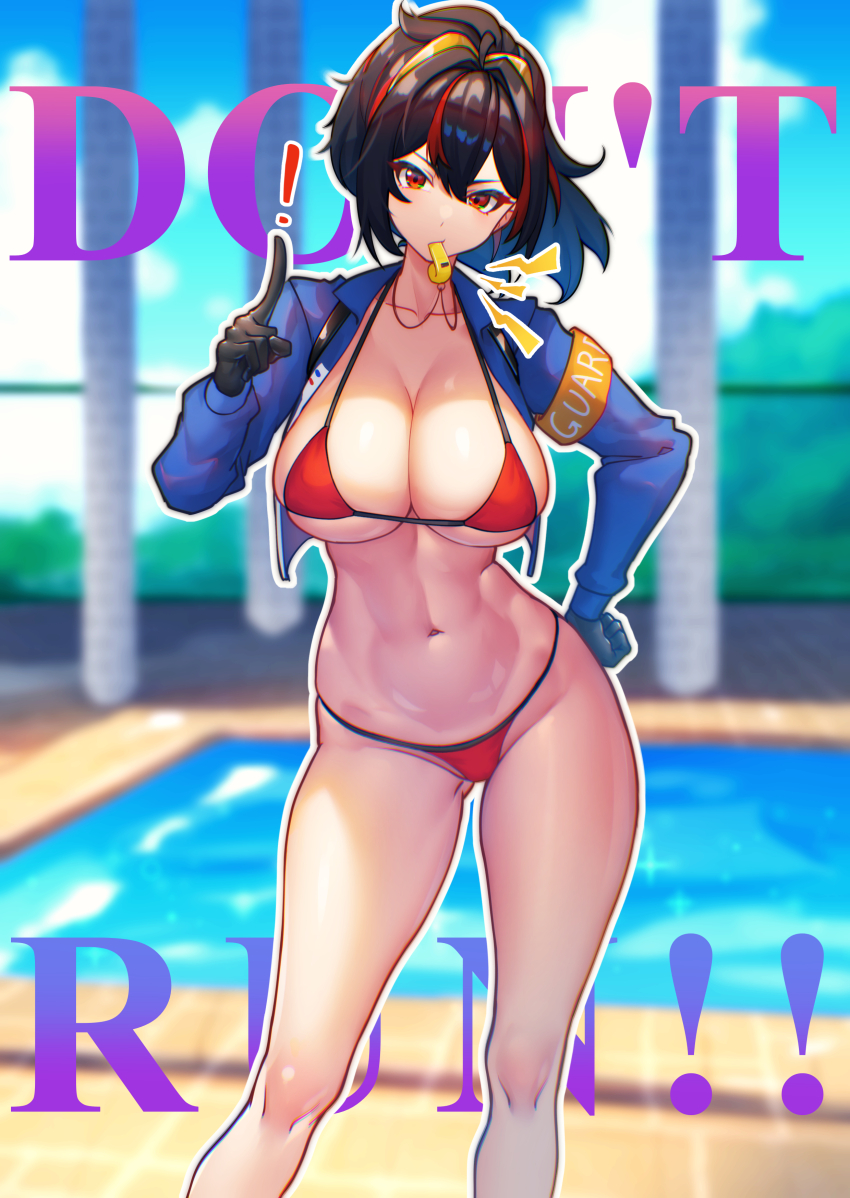 ! 1girl abs absurdres bikini black_gloves black_hair blue_jacket blurry blurry_background contrapposto english_text feet_out_of_frame gloves highres jacket looking_at_viewer multicolored_hair nicchi outline pointing pointing_up ponytail poolside red_bikini red_eyes red_hair sidelocks solo streaked_hair swimsuit whistle whistle_around_neck whistling white_outline zenless_zone_zero zhu_yuan