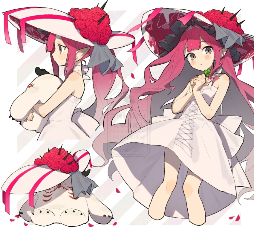 1girl aged_down baobhan_sith_(fate) bare_shoulders blush cernunnos_(fate) child dress falling_petals fate/grand_order fate_(series) frilled_hat frills grey_eyes hat kabutomushi_s looking_at_viewer multiple_views own_hands_together petals pink_hair pointy_ears ponytail sidelocks solo stuffed_toy white_background white_dress white_hat