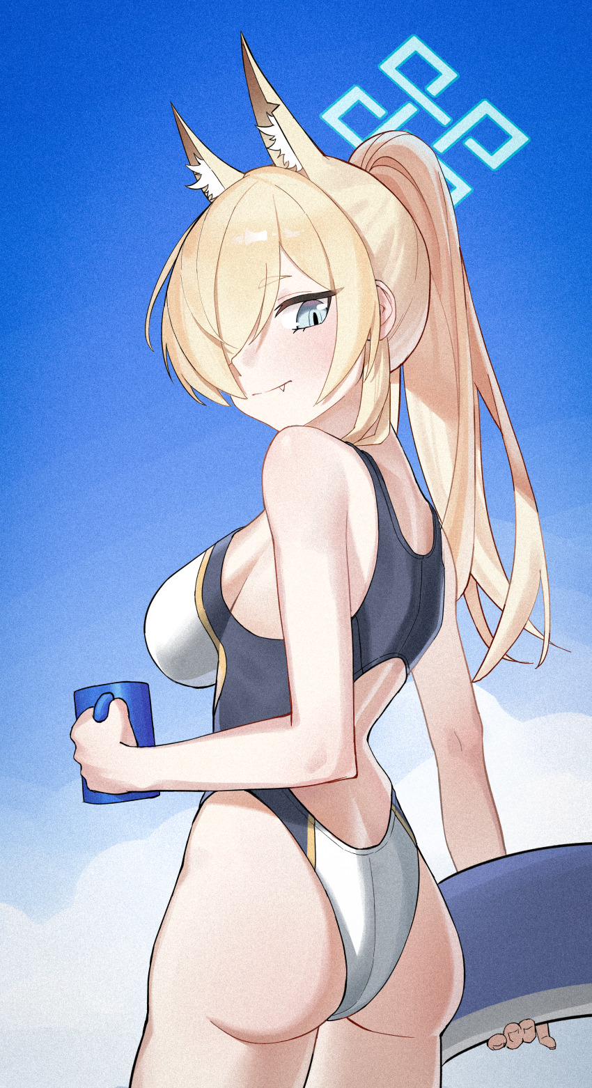 1girl absurdres animal_ear_fluff animal_ears ass back_cutout bare_shoulders blonde_hair blue_archive blue_eyes blue_halo breasts chinese_commentary clothing_cutout commentary_request competition_swimsuit cowboy_shot cup dog_ears fang hair_over_one_eye halo highleg highres holding holding_cup holding_swim_ring innertube kanna_(blue_archive) kanna_(swimsuit)_(blue_archive) large_breasts li_yu_liyu long_hair looking_back mug official_alternate_costume one-piece_swimsuit outdoors ponytail solo swim_ring swimsuit white_one-piece_swimsuit