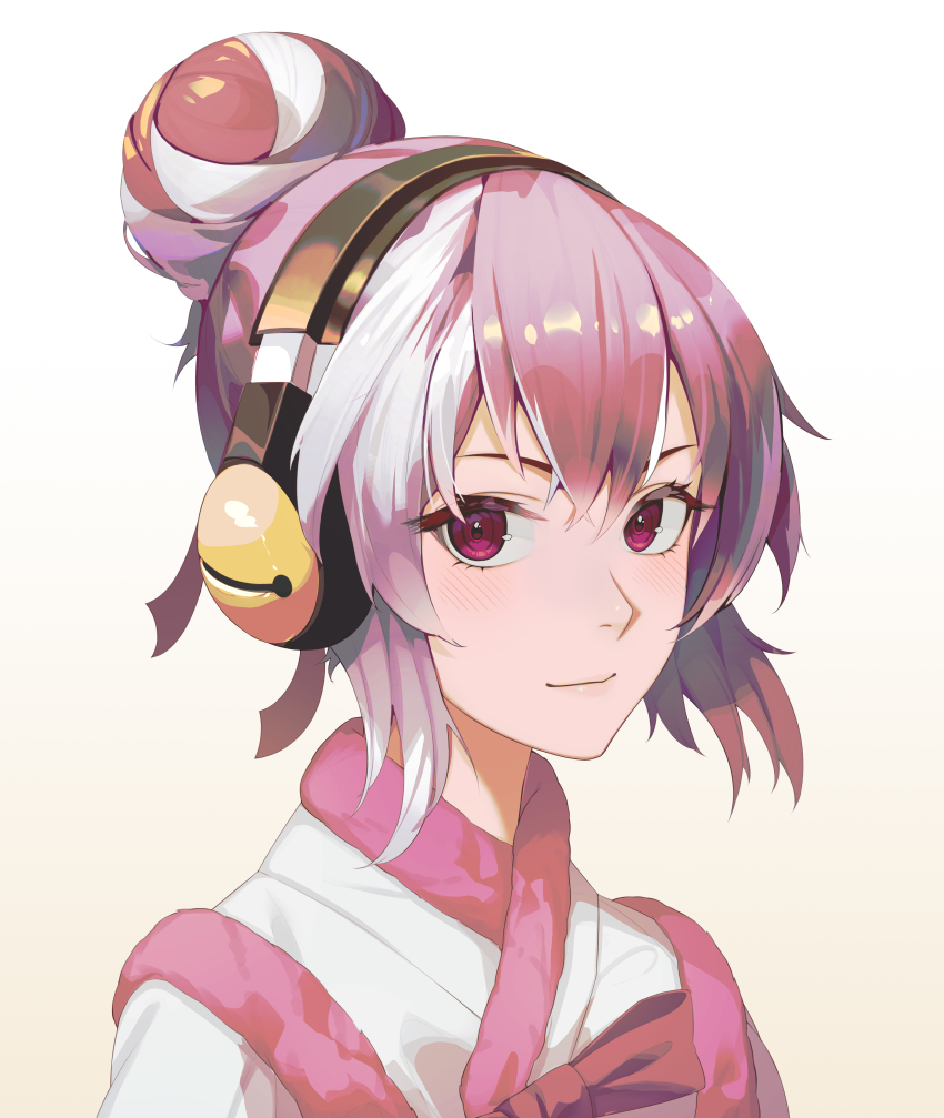 1girl absurdres blush eyelashes guilty_gear guilty_gear_xrd hair_bun headphones highres korean_clothes kum_haehyun looking_at_viewer luskin78 multicolored_hair portrait purple_eyes purple_hair single_hair_bun solo two-tone_hair white_hair wireless