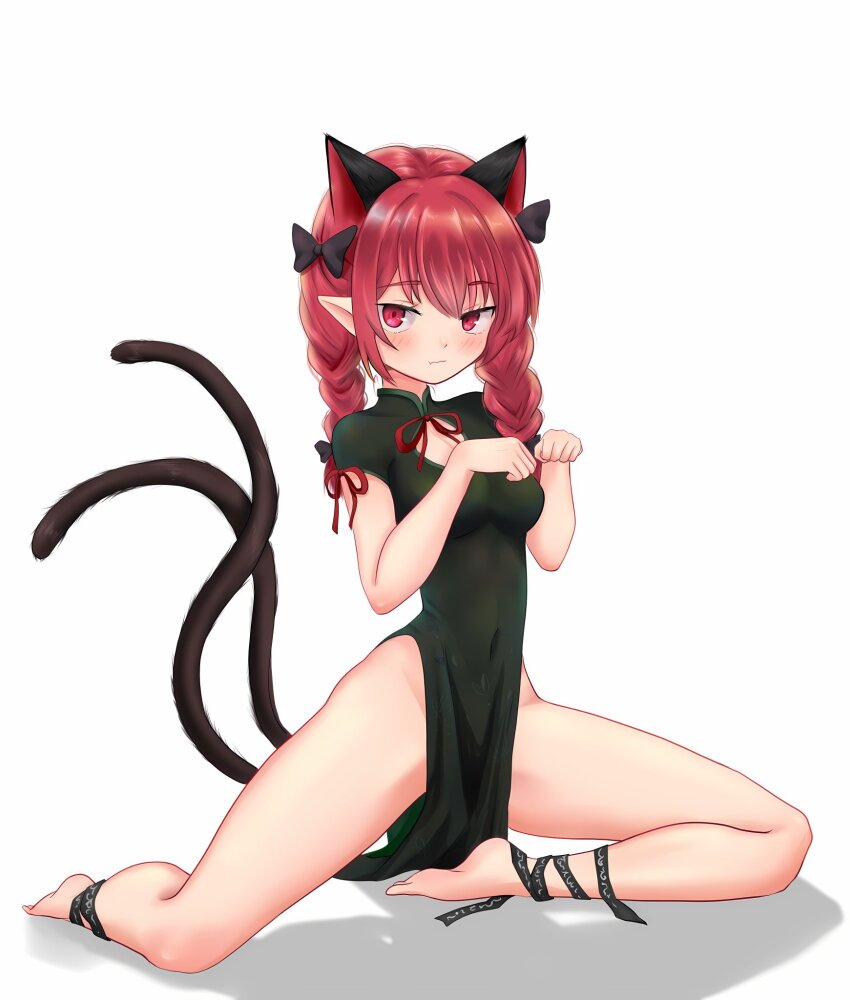 1girl alternate_costume animal_ears black_bow black_dress blush bow cat_ears cat_girl cat_tail china_dress chinese_clothes clenched_hands closed_mouth dress extra_ears full_body hair_bow hashtag-only_commentary highres kaenbyou_rin looking_at_viewer multiple_tails pointy_ears qi_lang3568 red_eyes red_hair simple_background solo tail touhou two_tails white_background