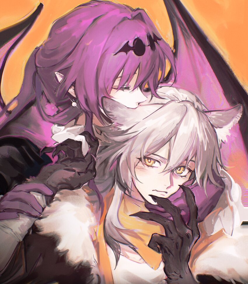 2girls animal_ears blush claws closed_eyes closed_mouth commentary_request earrings eyewear_on_head fang fur-trimmed_jacket fur_trim gloves grey_hair halloween hand_on_another&#039;s_face highres holding_another&#039;s_wrist honkai:_star_rail honkai_(series) jacket jewelry kafka_(honkai:_star_rail) liangjiaoyang long_hair multiple_girls orange_background pointy_ears purple_gloves purple_hair scarf shirt stelle_(honkai:_star_rail) sunglasses trailblazer_(honkai:_star_rail) vampire white_shirt wings wolf_ears yellow_eyes yellow_scarf yuri