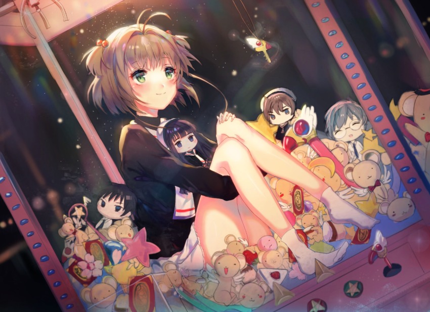 1girl antenna_hair black_hair black_shirt blouse blue_eyes blush brother_and_sister brown_hair cardcaptor_sakura crane_game daidouji_tomoyo green_eyes hat kero_(cardcaptor_sakura) kinomoto_sakura kinomoto_touya li_xiaolang long_hair looking_at_viewer mada_(shizhou) multiple_girls necktie open_mouth school_uniform shirt short_hair siblings smile socks stuffed_toy tail toy tsukishiro_yukito wings