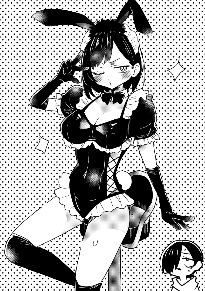 1boy 1girl animal_ears bar_stool blush boku_no_kokoro_no_yabai_yatsu bow bowtie breasts brother_and_sister cleavage elbow_gloves fake_animal_ears frilled_leotard frills gloves greyscale highres ichikawa_kana ichikawa_kyoutarou leotard long28 looking_at_viewer medium_breasts monochrome one_eye_closed playboy_bunny puffy_sleeves rabbit_ears ringed_eyes short_hair short_sleeves siblings stool thighhighs thighs traditional_bowtie v_over_eye