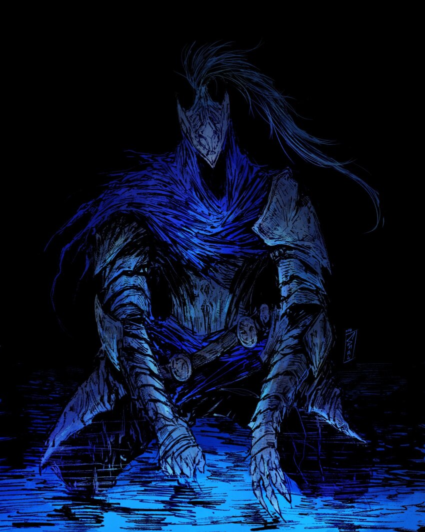 1boy absurdres armor artorias_the_abysswalker cloak dark_souls_(series) dark_souls_i darkness faceless faceless_male helmet highres hood hooded_cloak male_focus partially_submerged sitting solo theshah21 water