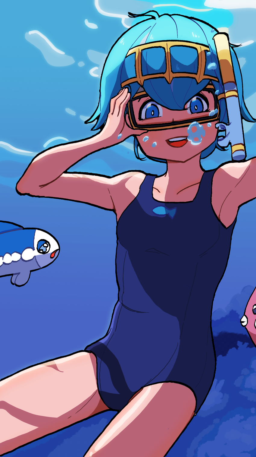 1girl 2049_(hh5566) adjusting_eyewear armpits blonde_hair blue_eyes bubble child collarbone creatures_(company) day diving_mask female_focus flat_chest game_freak gen_3_pokemon gen_7_pokemon goggles hair_ornament hand_up happy highres lana_(pokemon) legs looking_at_viewer luvdisc matching_hair/eyes medium_hair neck nintendo ocean official_alternate_costume one-piece_swimsuit open_mouth outdoors outstretched_arms pokemon pokemon_sm school_swimsuit shiny_skin sidelocks spread_arms submerged summer swimming swimsuit thighs underwater wishiwashi