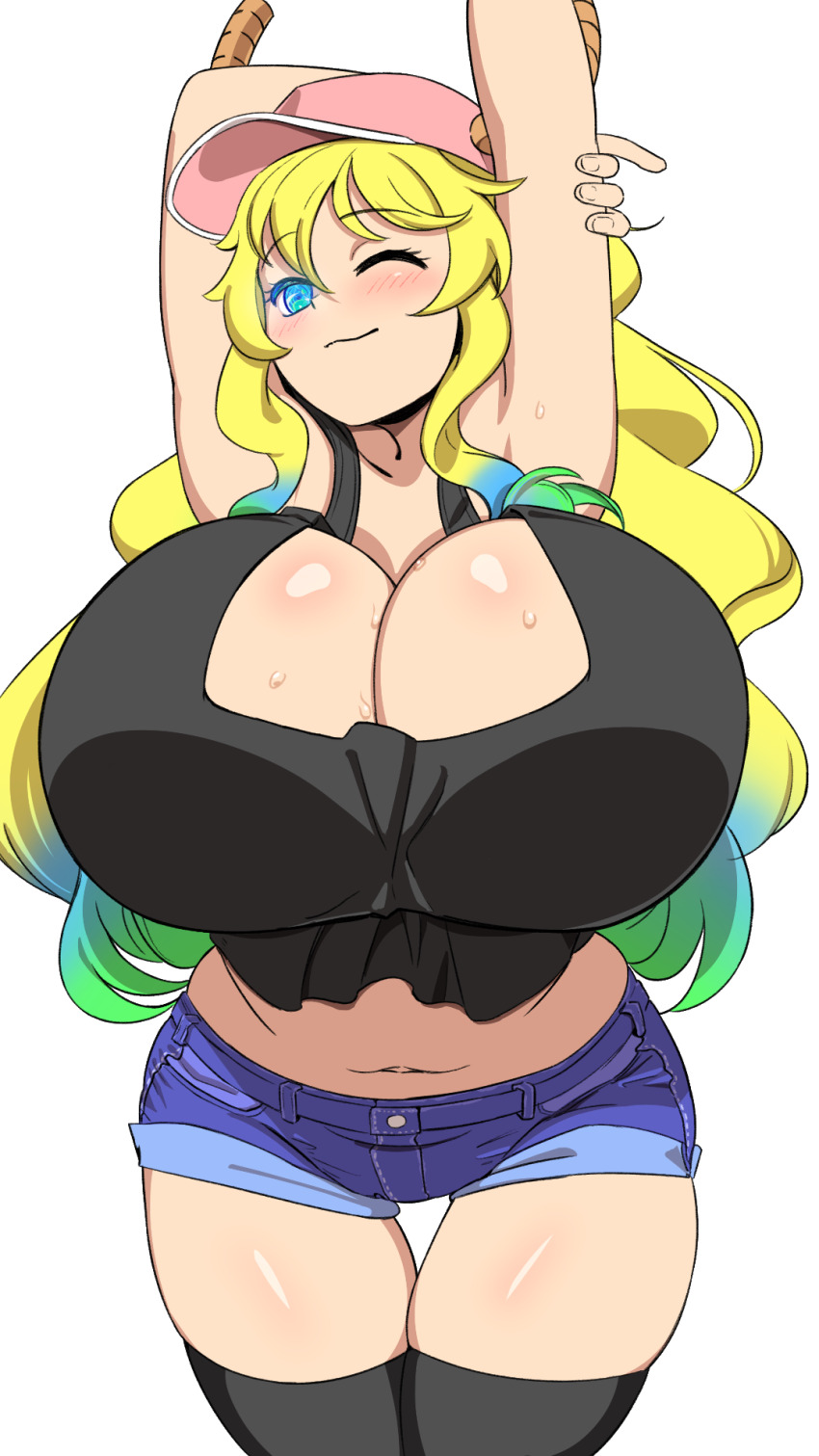 1girl arms_up blonde_hair blush breasts cleavage highres horns huge_breasts imaani kobayashi-san_chi_no_maidragon long_hair lucoa_(maidragon) one_eye_closed smile solo sweat