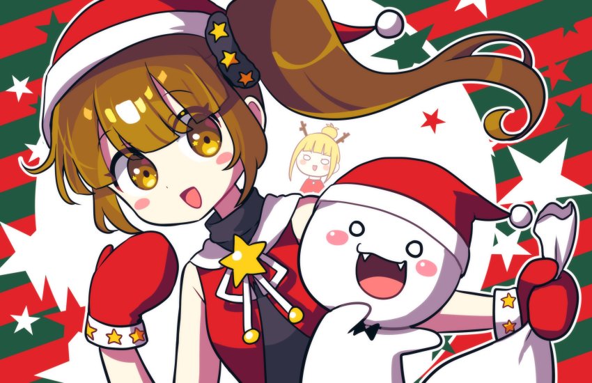 2girls :3 alternate_costume antlers blonde_hair blush_stickers bow bowtie brown_eyes brown_hair chorus_man christmas dress green_background hat highres horns matching_hair/eyes mittens multiple_girls offbeat pop_singer_(rhythm_tengoku_the_best+) red_background red_dress red_vest reindeer_antlers rhythm_tengoku rhythm_tengoku_the_best+ sack santa_hat scrunchie shirt side_ponytail sleeveless sleeveless_shirt star_(symbol) striped striped_background two-tone_background vest