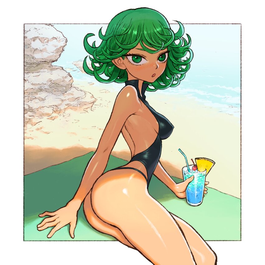 1girl backless_swimsuit beach beach_towel black_one-piece_swimsuit border breasts covered_erect_nipples cup dattosan day drink glass green_eyes green_hair high_collar highres holding holding_cup looking_at_viewer medium_breasts one-piece_swimsuit one-punch_man outdoors outside_border sand short_hair sitting solo swimsuit tatsumaki towel water white_border