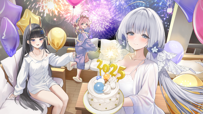 2025 3girls absurdres aerial_fireworks azur_lane balloon black_hair blue_eyes blush breasts cake cleavage closed_mouth collared_shirt fireworks food hair_ribbon happy_new_year highres holding holding_balloon horns illustrious_(azur_lane) large_breasts long_hair looking_at_viewer mole mole_under_eye multiple_girls new_year noshiro_(azur_lane) official_art open_mouth pajamas pillow pink_hair ribbon saratoga_(azur_lane) shirt sitting slippers smile star_balloon very_long_hair white_hair white_ribbon white_shirt