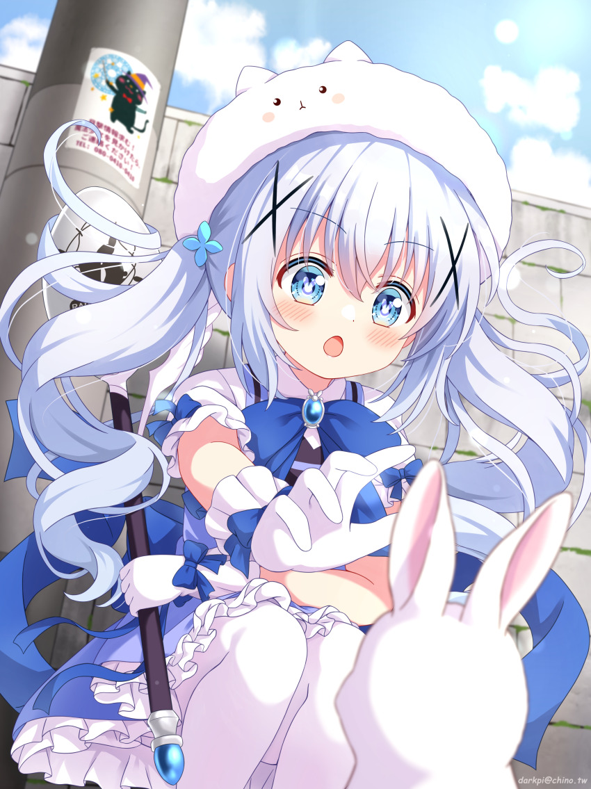 absurdres blue_bow blue_bowtie blue_eyes blue_gemstone blue_ribbon bow bowtie curly_hair darkpi_(sekzpeodgeodjg) dress flower frilled_dress frills gem gochuumon_wa_usagi_desu_ka? hair_flower hair_ornament highres holding holding_staff kafuu_chino long_hair magical_girl rabbit ribbon spoon staff thighhighs tippy_(gochiusa) twintails white_hair white_thighhighs