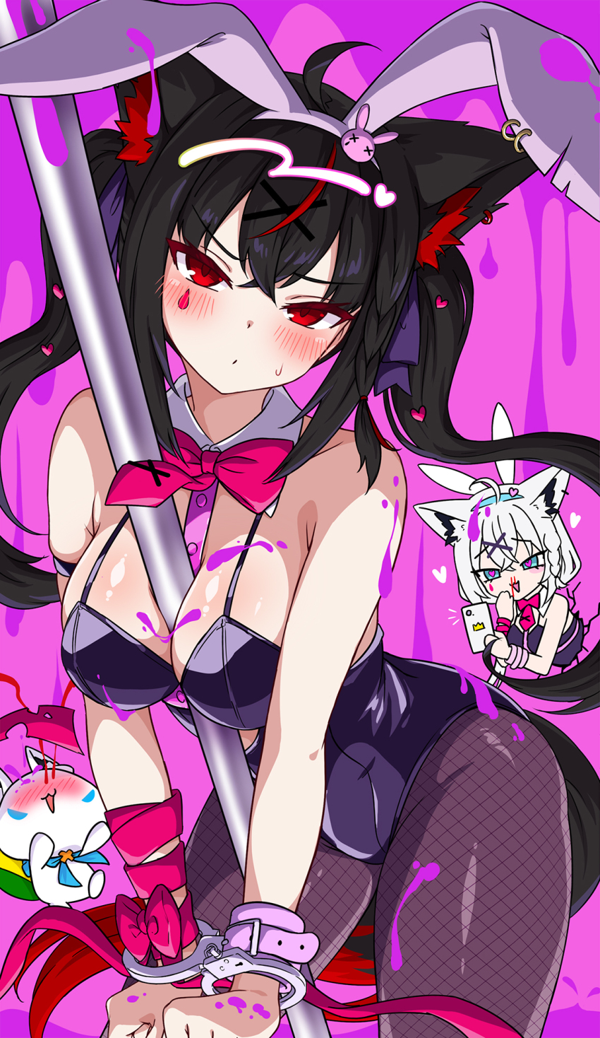 2girls animal_ears bare_shoulders black_hair black_leotard blood blush breasts cellphone chibi cleavage cowboy_shot cuffs fake_animal_ears fishnet_pantyhose fishnets fox_ears fox_girl hachiman_tanuki handcuffs highres holding holding_phone hololive kurokami_fubuki large_breasts leotard multiple_girls nosebleed pantyhose phone pole rabbit_ears rabbit_hole_(vocaloid) red_eyes restrained shirakami_fubuki smartphone solo_focus spaghetti_strap stripper_pole teardrop_facial_mark twintails virtual_youtuber vocaloid