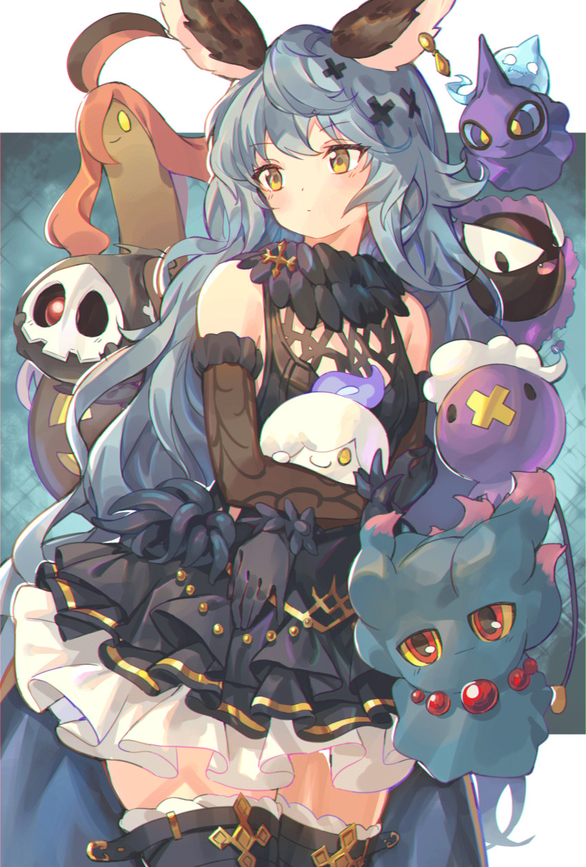 1girl animal_ears bare_shoulders black_dress black_gloves blue_hair blush candle commentary_request cowboy_shot creatures_(company) crossover dress drifloon duskull earrings elbow_gloves erune fang ferry_(granblue_fantasy) ferry_(grand)_(granblue_fantasy) fire fur_trim game_freak gastly gen_1_pokemon gen_2_pokemon gen_3_pokemon gen_4_pokemon gen_5_pokemon gen_6_pokemon ghost gloves gourgeist granblue_fantasy highres jewelry kanase_(mcbrwn18) litwick long_hair misdreavus nintendo one_eye_covered pokemon pokemon_(creature) red_eyes shuppet single_earring smile thighhighs trait_connection very_long_hair wavy_hair wax yellow_eyes