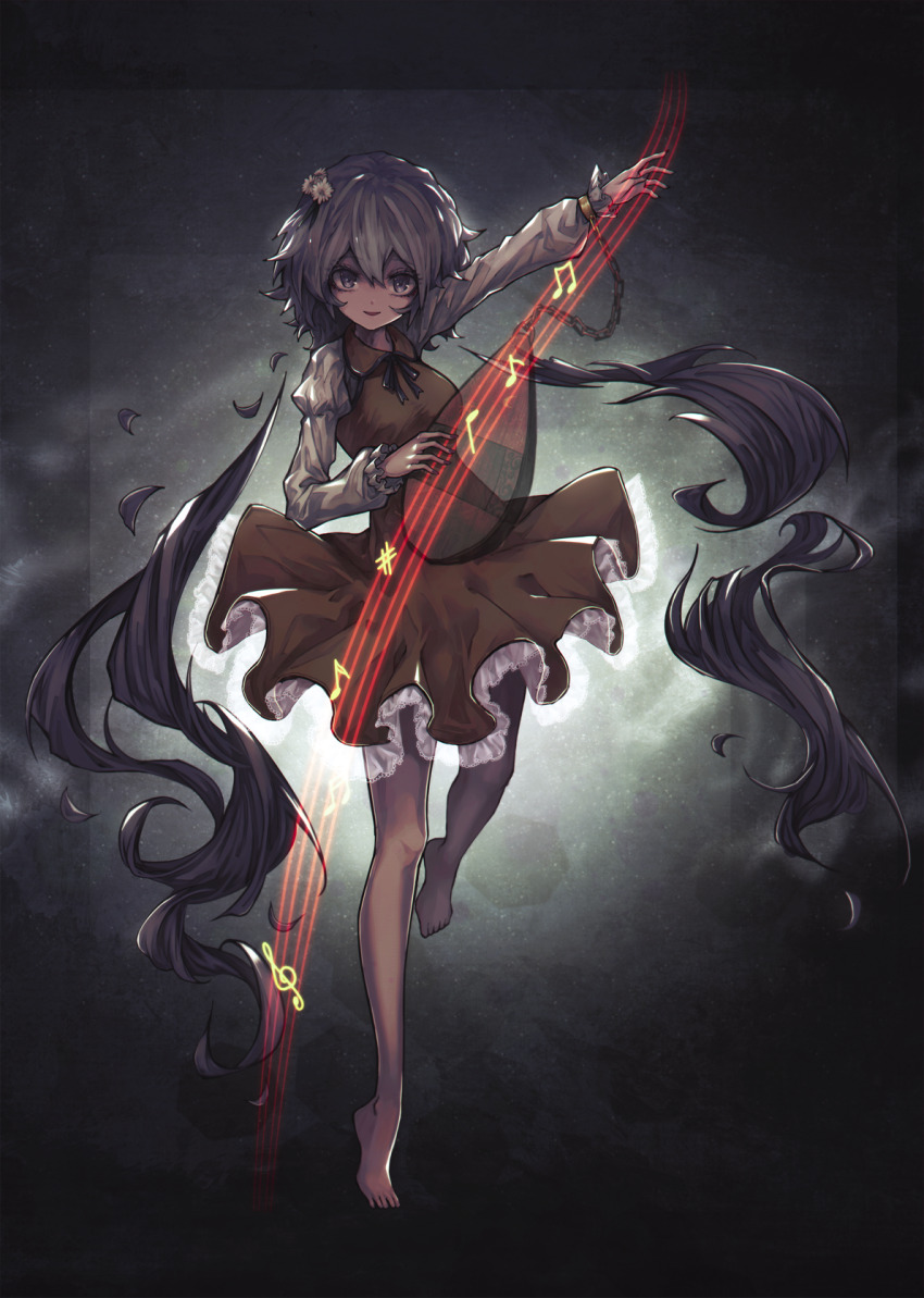 1girl barefoot beamed_eighth_notes beamed_sixteenth_notes biwa_lute brown_dress chain dress eighth_note flower frilled_dress frilled_sleeves frills full_body hair_between_eyes hair_flower hair_ornament highres instrument joker_(stjoker) long_hair long_sleeves looking_at_viewer lute_(instrument) musical_note open_mouth purple_eyes purple_hair quarter_note quarter_rest sixteenth_note smile solo touhou treble_clef tsukumo_benben white_flower